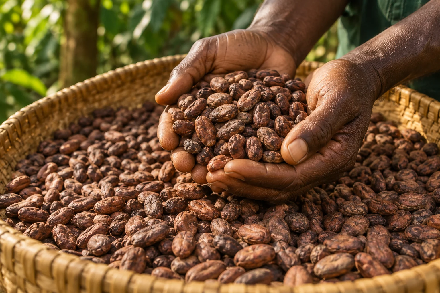 Illustrative close-up of dried cocoa beans held above a woven tray