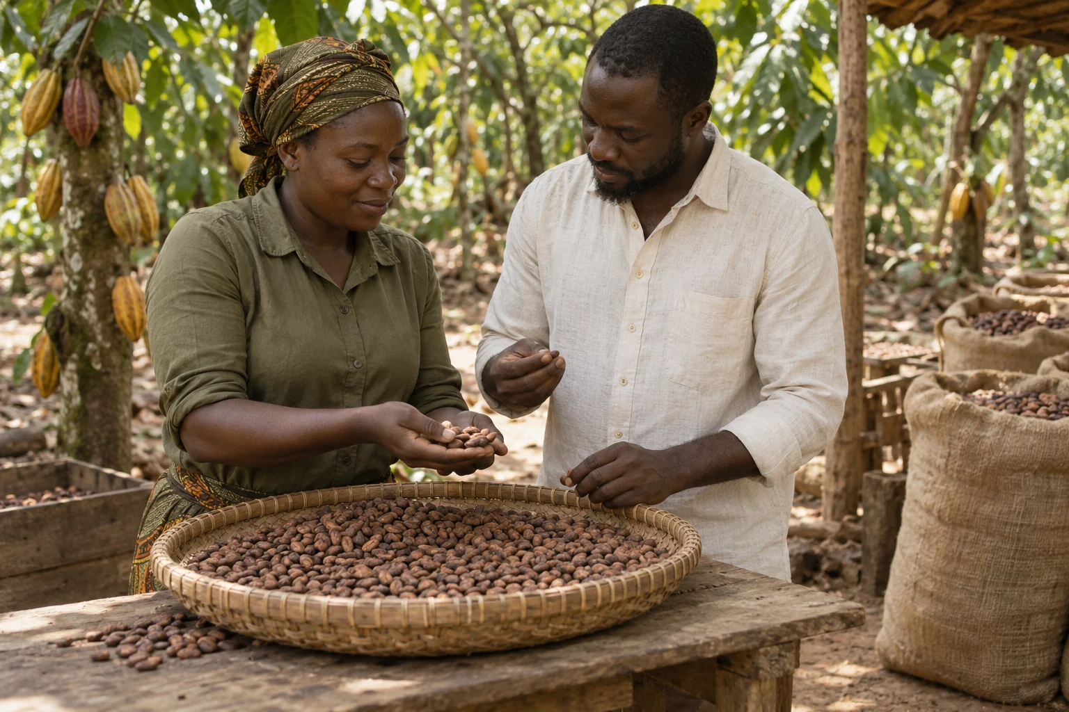Illustrative scene of a cocoa farmer and buyer inspecting beans together