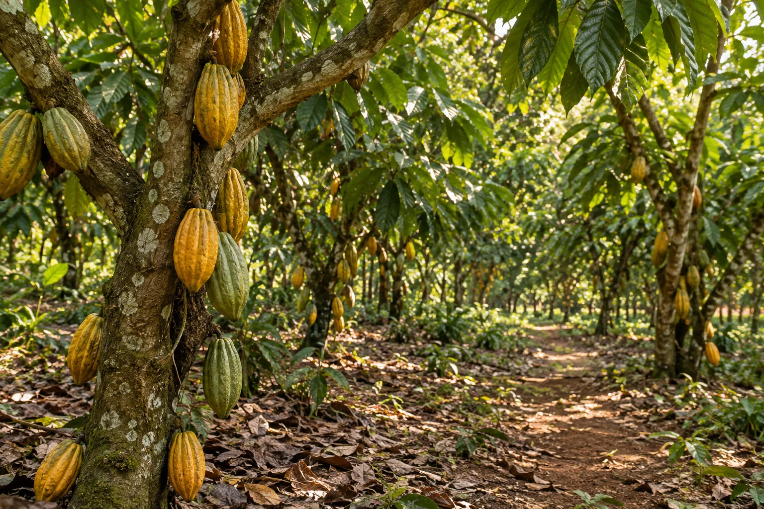 Illustrative cocoa grove with pods growing on tree trunks