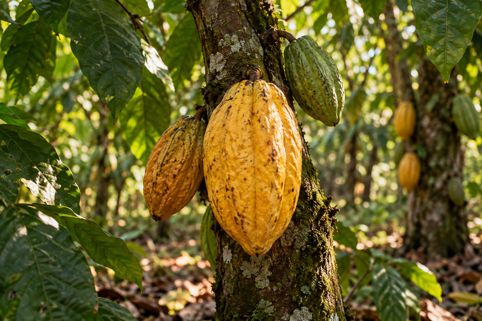 Photo-style illustration of ripe cocoa pods among green leaves